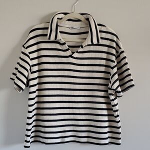 Zara Waffle Knit Cream Black Striped Polo Top With Collar Business Casual Sz L